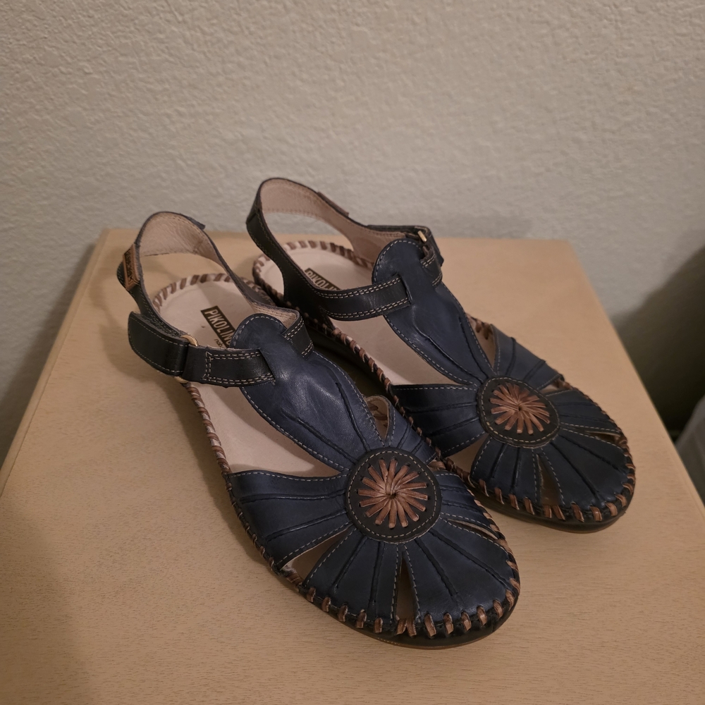 PIKOLINOS Navy and Brown Leather Slingback Sandals